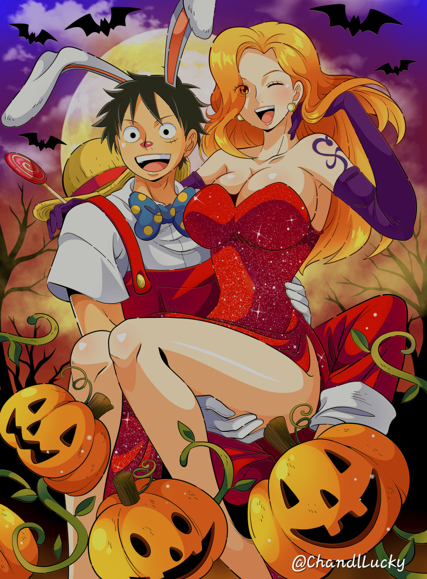 1boy 1girl ;d absurdres animal_ears bare_legs bare_shoulders bat_(animal) black_hair bowtie breasts candy carrying chandllucky cleavage cloud cloudy_sky collarbone collared_shirt cosplay dress earrings elbow_gloves eyes_visible_through_hair facial_scar feet_out_of_frame food full_moon gloves halloween hat highres holding holding_candy holding_food jessica_rabbit jessica_rabbit_(cosplay) jewelry large_breasts legs long_hair monkey_d._luffy moon nami_(one_piece) one_eye_closed one_piece open_mouth orange_hair overalls pearl_earrings polka_dot_bow polka_dot_bowtie princess_carry pumpkin rabbit_ears red_dress red_overalls roger_rabbit roger_rabbit_(cosplay) scar scar_on_cheek scar_on_face shirt short_hair short_sleeves shoulder_tattoo sky smile sparkle strapless strapless_dress straw_hat tattoo teeth thighs twitter_username unworn_hat unworn_headwear upper_teeth_only wavy_hair white_gloves white_shirt who_framed_roger_rabbit