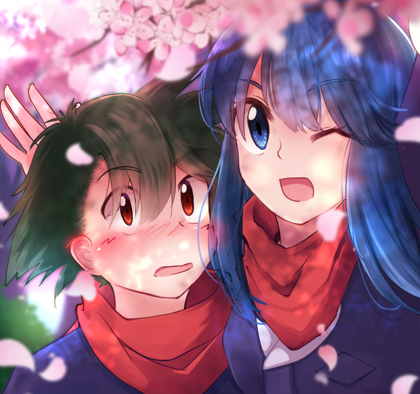 1boy 1girl akari_(pokemon) akari_(pokemon)_(cosplay) ash_ketchum black_hair blue_eyes blue_hair blue_kimono blurry blush brown_eyes cherry_blossoms cherry_tree cosplay dawn_(pokemon) depth_of_field hand_up highres japanese_clothes kimono long_hair looking_at_another looking_at_viewer nintendo one_eye_closed petals pokemon pokemon_(anime) pokemon_journeys pokemon_legends:_arceus red_scarf rei_(pokemon) rei_(pokemon)_(cosplay) scarf short_hair spiked_hair upper_body
