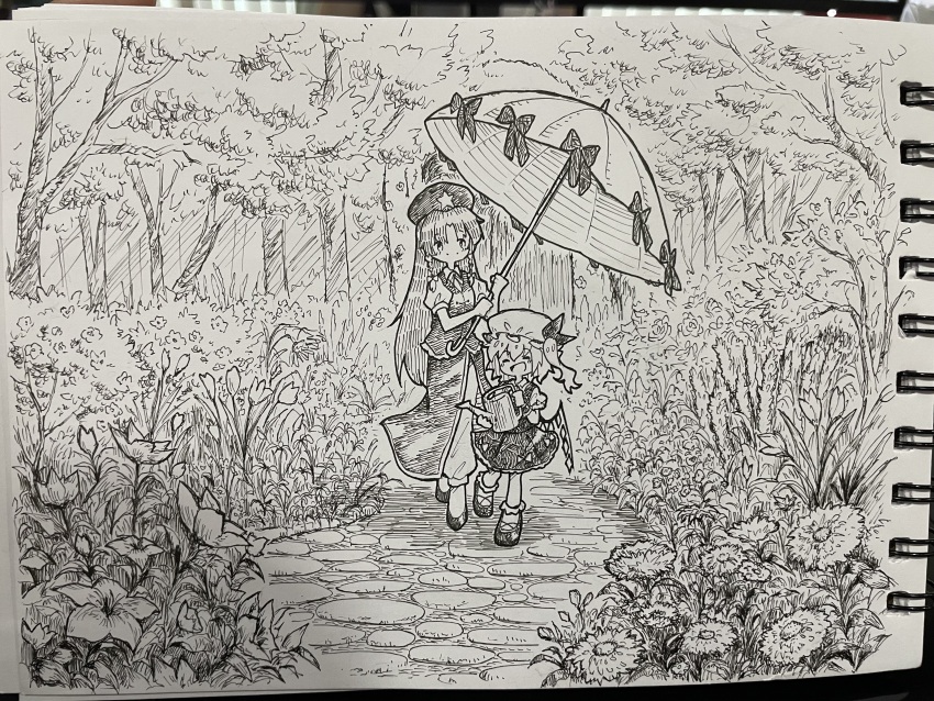 2girls absurdres blush braid closed_eyes closed_mouth commentary_request crystal crystal_wings flandre_scarlet flower flower_request greyscale hat hat_ornament highres holding holding_umbrella holding_watering_can hong_meiling long_hair mob_cap monochrome multiple_girls one_side_up open_mouth outdoors pants parasol photo_(medium) puffy_short_sleeves puffy_sleeves shoes short_sleeves side_slit smile socks split_mouth star_(symbol) star_hat_ornament suteruko touhou traditional_media tree twin_braids umbrella very_long_hair vest watering_can wings