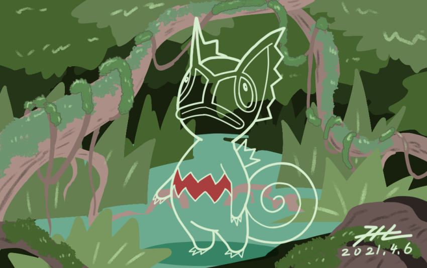 color_change_(pokemon) commentary_request dated full_body gen_3_pokemon invisible jungle kecleon looking_at_viewer moss nature nintendo no_humans null_suke one-hour_drawing_challenge outdoors pokemon pokemon_(creature) signature standing