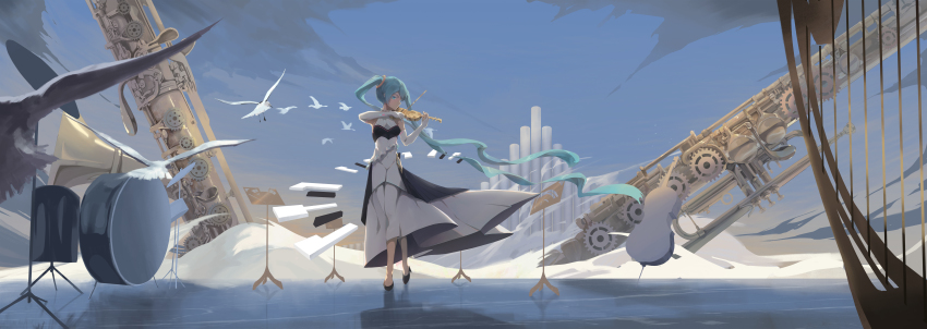 1girl absurdly_long_hair absurdres adapted_costume alternate_costume aqua_eyes aqua_hair bad_id bad_pixiv_id bassoon breasts cloud covered_navel double_bass dress drum drum_set elbow_gloves gloves hatsune_miku high_heels highres instrument layered_dress long_dress long_hair medium_breasts music organ_(instrument) outdoors piano_keys playing_instrument rotarran scenery sleeveless sleeveless_dress solo stage standing surreal twintails very_long_hair violing vocaloid white_gloves wide_shot