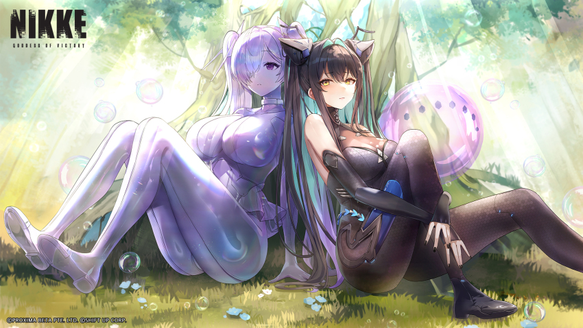 2girls aqua_hair black_bodysuit black_gloves black_hair black_nails black_shoes bodysuit breasts bubble cinderella_(nikke) cleavage colored_inner_hair commentary day elbow_gloves english_commentary fingerless_gloves foot_out_of_frame full_body furrowed_brow gloves goddess_of_victory:_nikke hair_intakes hair_over_one_eye highres hugging_own_leg knee_to_chest large_breasts light_rays little_mermaid_(nikke) logo long_hair looking_at_viewer misyune multicolored_hair multiple_girls nail_polish official_art outdoors parted_lips purple_eyes second-party_source shoes sidelocks sitting straight_hair sunlight tree twintails very_long_hair watermark yellow_eyes