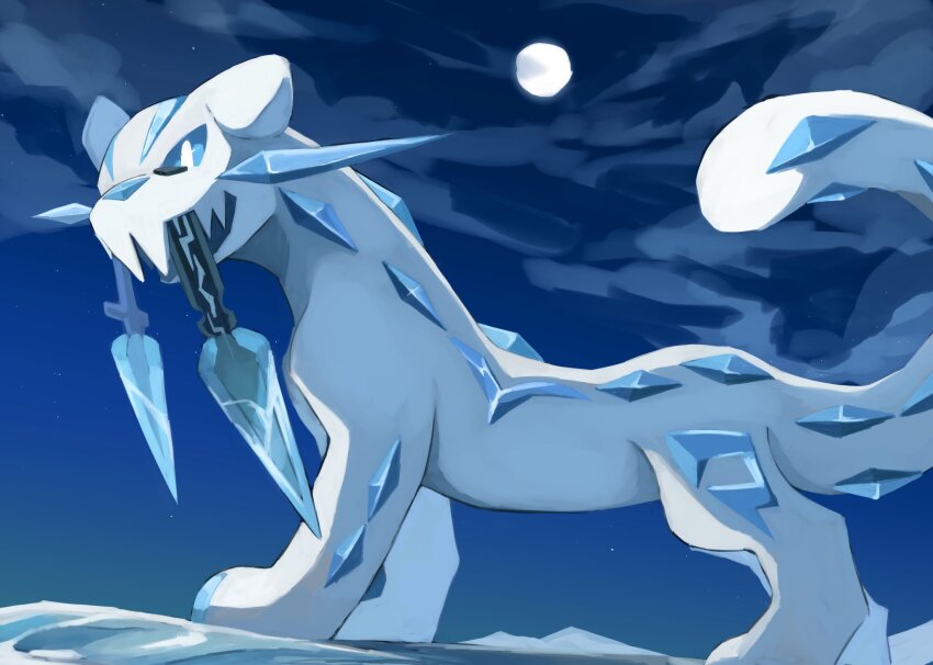 animal_focus blue_eyes bright_pupils chien-pao commentary_request fangs full_moon highres ice kou11021301 moon night night_sky nintendo no_humans open_mouth outdoors pokemon pokemon_(creature) skin_fangs sky snow_leopard star_(sky) whiskers white_pupils