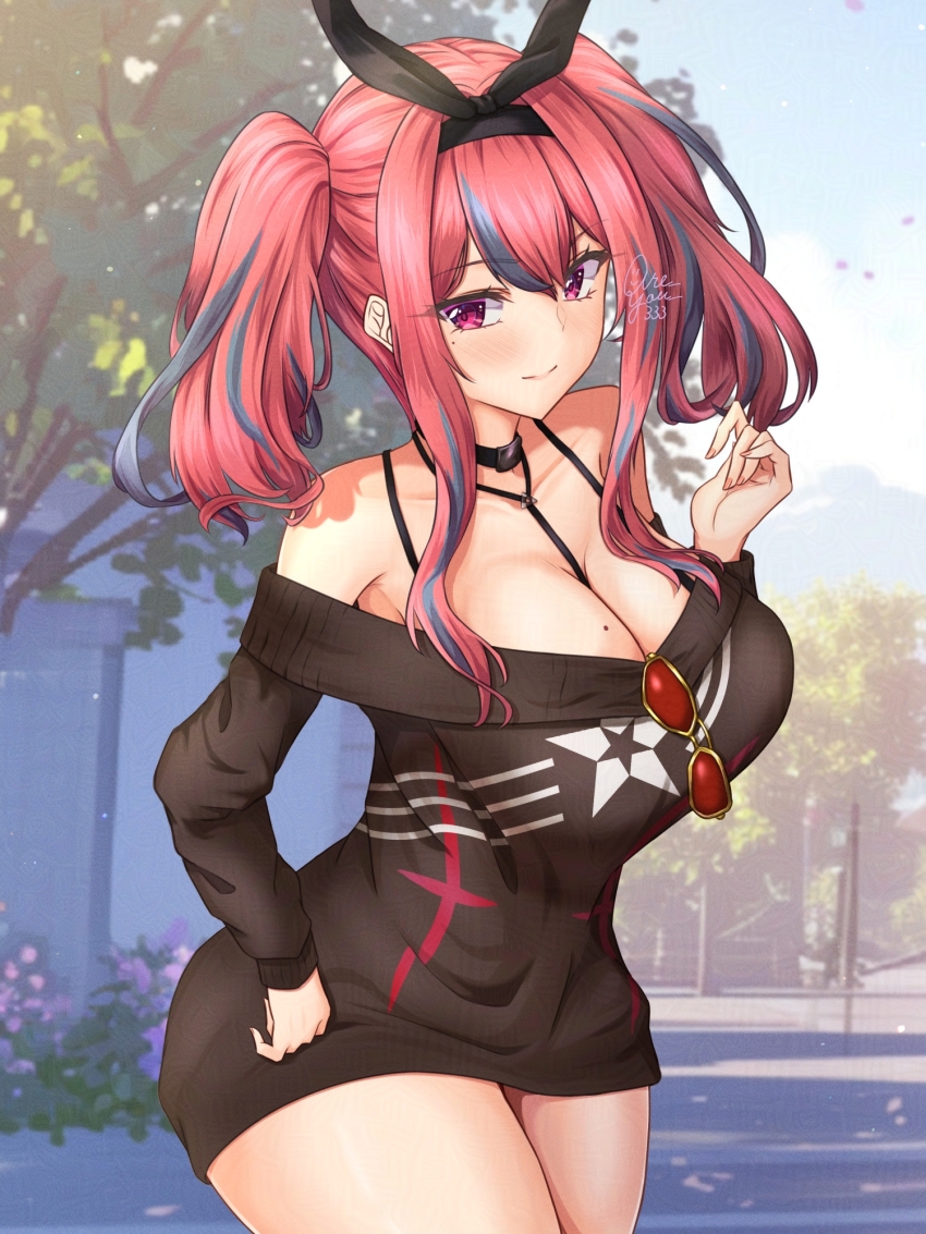 1girl are_you_333 azur_lane bare_shoulders between_breasts black_choker black_ribbon black_sweater blue_sky blush bra_strap breasts bremerton_(azur_lane) bremerton_(day-off_date)_(azur_lane) choker cleavage closed_mouth collarbone commentary_request cowboy_shot day dress eyewear_hang grey_hair hair_between_eyes hair_intakes hair_ornament hair_ribbon hand_up highres large_breasts long_hair long_sleeves looking_at_viewer mole mole_on_breast mole_under_eye multicolored_hair off-shoulder_dress off-shoulder_sweater off_shoulder official_alternate_costume outdoors pink_eyes pink_hair red-tinted_eyewear ribbon sidelocks signature sky smile solo standing star_(symbol) star_print strap_between_breasts streaked_hair sweater sweater_dress tinted_eyewear twintails two-tone_hair unworn_eyewear