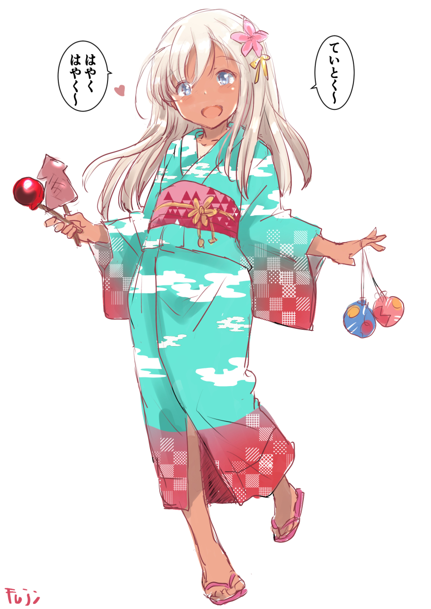 1girl blonde_hair blue_eyes blue_kimono candy_apple checkered_clothes cloud_print commentary_request dark-skinned_female dark_skin food fuji_(pixiv24804665) full_body ikayaki highres japanese_clothes kantai_collection kimono long_hair one-piece_tan open_mouth ro-500_(kancolle) sandals smile solo tan tanline translated water_yoyo yukata