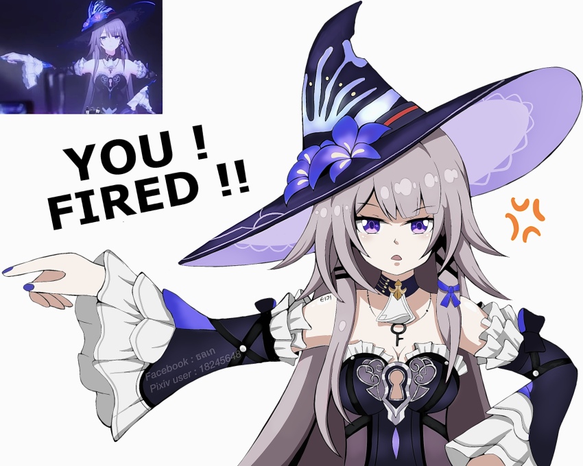 1girl absurdres anger_vein ascot bare_shoulders black_choker black_dress black_hat choker detached_sleeves dress eiji_nochi flower frilled_sleeves frills grey_hair hair_ribbon hat hat_flower herta_(honkai:_star_rail) highres honkai:_star_rail honkai_(series) long_hair long_sleeves looking_at_viewer multiple_views nail_polish open_mouth purple_eyes purple_flower purple_nails purple_ribbon ribbon simple_background strapless strapless_dress the_herta_(honkai:_star_rail) very_long_hair white_ascot white_background witch_hat