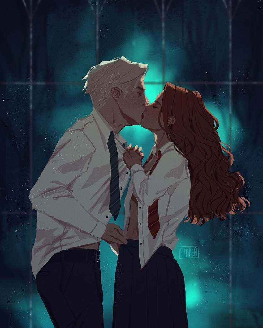 1boy 1girl artist_logo artist_name blonde_hair brown_hair closed_eyes clothes_grab couple curly_hair draco_malfoy elithien from_side gryffindor harry_potter_(series) hermione_granger highres kiss logo long_hair long_sleeves necktie school_uniform shirt shirt_grab skirt slytherin undressing undressing_another white_shirt wizarding_world