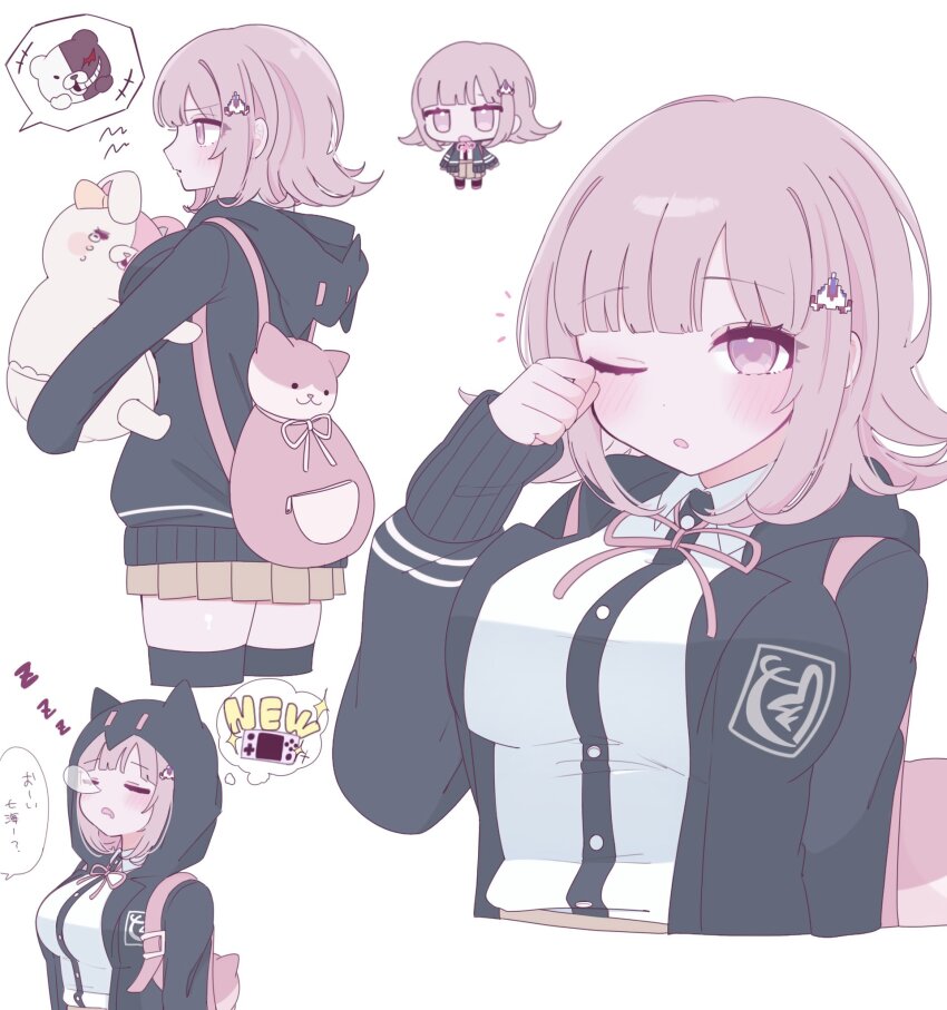 1girl ;o animal_bag blush breasts brown_hair brown_skirt cat_bag chi_gu chibi collared_shirt danganronpa_(series) danganronpa_2:_goodbye_despair flipped_hair galaga hair_ornament highres hood jacket long_sleeves looking_at_viewer medium_hair monokuma monomi_(danganronpa) multiple_views neck_ribbon one_eye_closed open_clothes open_jacket pink_bag pink_eyes pink_ribbon pleated_skirt ribbon shirt skirt sleeping sleeping_upright spaceship_hair_ornament thighhighs white_shirt zettai_ryouiki
