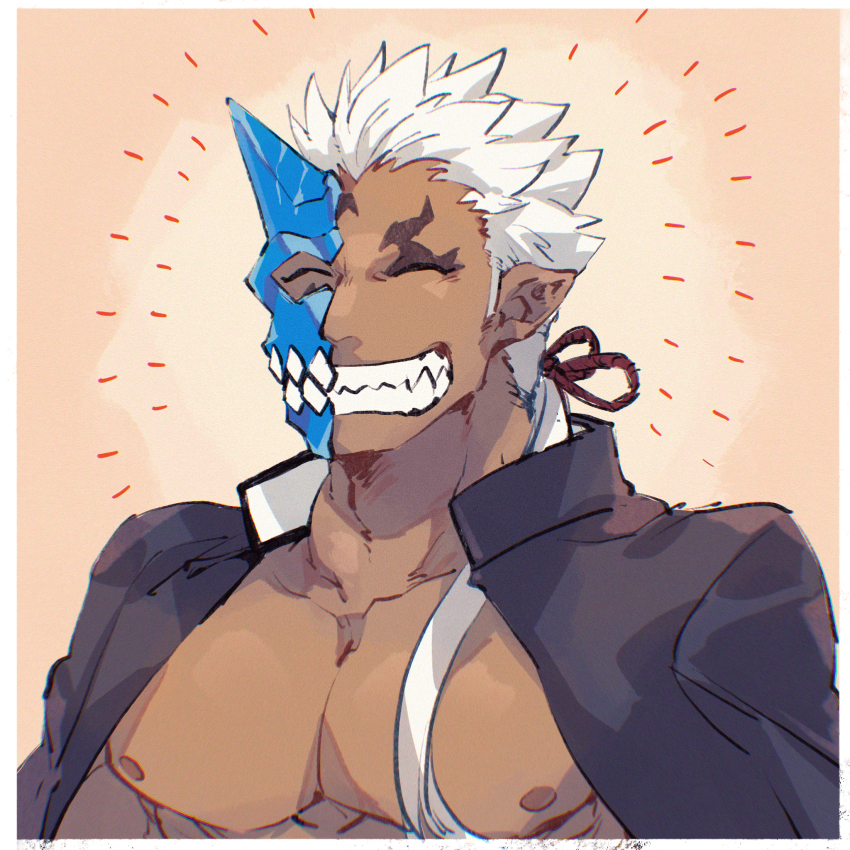 1boy bara bare_pectorals dark-skinned_male dark_skin fang gakuran grin half_mask highres horned_mask horns jacket jacket_on_shoulders jinnai10 long_sideburns male_focus mask monster_boy muscular muscular_male nipples oni_mask pectorals ponytail school_uniform short_hair shuten_douji_(housamo) sideburns single_horn smile solo tokyo_houkago_summoners upper_body white_hair