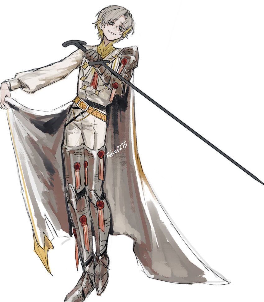 1boy armored_boots ascot belt blonde_hair boots cape formal_clothes fuku0275 full_body gauntlets genderswap genderswap_(ftm) gloves highres holding holding_weapon kromer_(project_moon) limbus_company male_focus multicolored_hair project_moon short_hair sigil simple_background smirk solo standing suit weapon white_ascot white_background white_hair white_suit