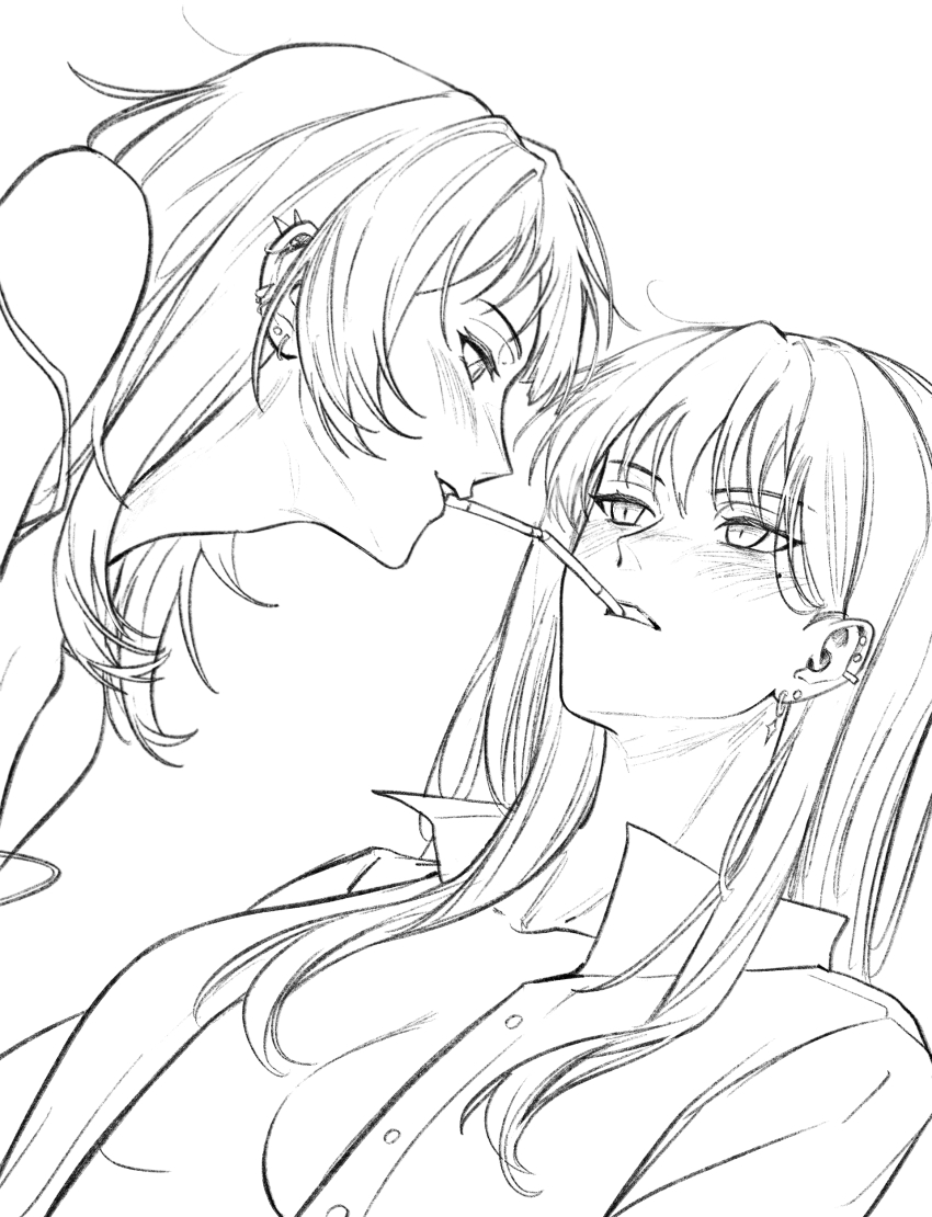 2girls absurdres bang_dream! bang_dream!_it&#039;s_mygo!!!!! blush chinese_commentary cigarette cigarette_kiss collared_shirt commentary_request ear_piercing earrings greyscale hero45439083942 highres jewelry looking_at_another mole mole_under_eye monochrome multiple_girls open_clothes open_shirt piercing shiina_taki shirt smile smoking strap_slip yahata_umiri yuri