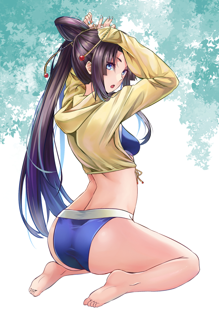 1girl absurdres adjusting_hair ass bikini blue_bikini blue_eyes blue_nails breasts fate/grand_order fate_(series) female_focus hair_bun highres jacket jacket_over_swimsuit jeffrey10 long_hair long_sleeves nail_polish parted_bangs side_ponytail single_hair_bun sitting small_breasts solo swimsuit ushiwakamaru_(fate) ushiwakamaru_(swimsuit_assassin)_(fate) ushiwakamaru_(swimsuit_assassin)_(first_ascension)_(fate) wariza yellow_jacket