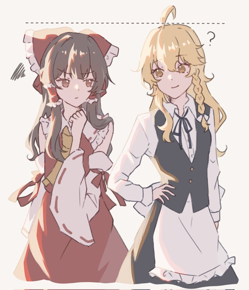 2girls ? ahoge angry apron arm_at_side ascot black_dress black_vest blonde_hair bow braid brown_hair carin_(c_arin1012) clenched_hand collared_shirt commentary_request cowboy_shot detached_sleeves dress frills hair_tubes hakurei_reimu hand_on_own_hip hand_up height_conscious height_difference highres kirisame_marisa light_smile long_hair long_sleeves looking_at_another multiple_girls neck_ribbon red_bow red_shirt red_skirt ribbon shirt simple_background single_braid skirt sleeveless standing touhou v-shaped_eyebrows vest white_apron white_background yellow_ascot yellow_eyes