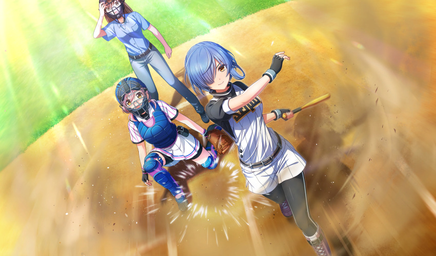 3girls asymmetrical_hair baseball baseball_bat baseball_glove baseball_stadium baseball_uniform belt belt_buckle belt_pouch bike_shorts_under_skirt black_belt black_gloves black_pants black_pouch black_shorts black_undershirt blue_hair blue_shirt boots brown_belt buckle catcher&#039;s_mask catcher_(baseball) chest_protector cinderella_series closed_mouth dust_cloud dutch_angle emphasis_lines fingerless_gloves from_above game_cg gloves grey_pants hachigatsu_no_cinderella_nine hair_over_one_eye hair_rings highres holding holding_baseball_bat light_rays metal_baseball_bat motion_blur multiple_girls non-web_source official_art one_eye_covered open_mouth outdoors pants pants_under_shorts pink_hair playing_sports pleated_skirt pouch sakurada_chiyo satogahama_baseball_uniform shin_guards shirt shirt_under_shirt short_sleeves shorts single_hair_ring skirt sleeveless sleeveless_shirt smile sportswear standing striped_clothes striped_shirt striped_shorts sunbeam sunlight toudou_taira umpire v-shaped_eyebrows vertical-striped_clothes vertical-striped_shirt white_shirt white_shorts wristband yellow_eyes