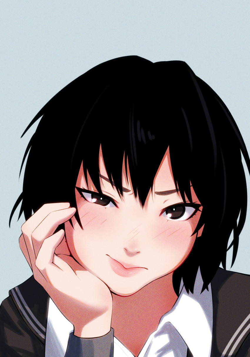 1girl absurdres amagami black_eyes black_hair black_sailor_collar blue_background blush close-up commentary half-closed_eye head_rest highres kibito_high_school_uniform lips looking_at_viewer nanasaki_ai oshizu portrait pout sailor_collar school_uniform short_hair simple_background solo
