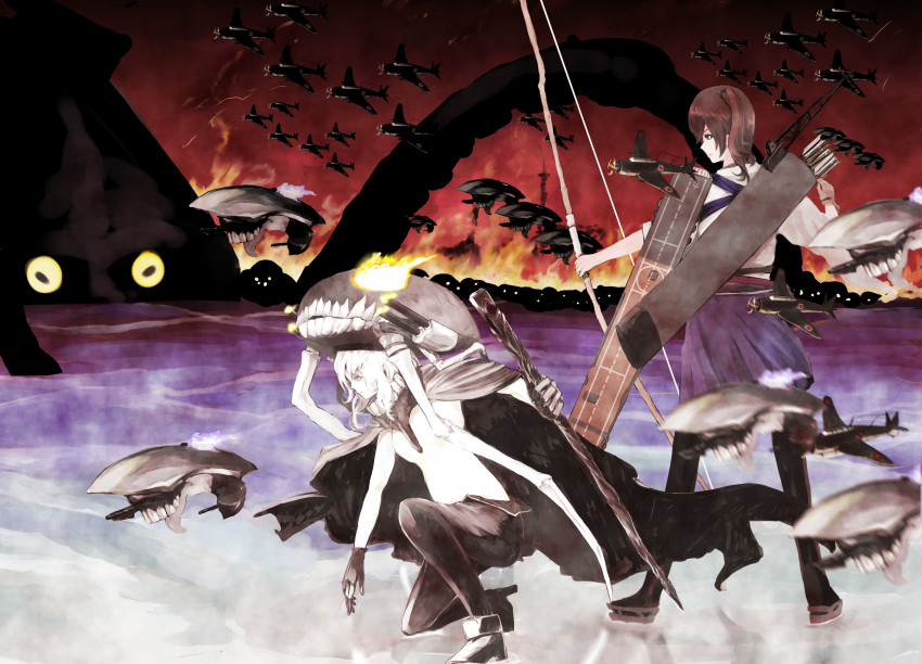 10s 2girls abyssal_ship aircraft airplane amatou3 bow brown_hair burning cape commentary_request enemy_aircraft_(kancolle) fire fire flight_deck from_side full_body highres japanese_clothes kaga_(kancolle) kantai_collection kimono kneeling long_hair monster multiple_girls ocean outdoors profile silhouette silver_hair squid staff standing teeth very_long_hair water wo-class_aircraft_carrier