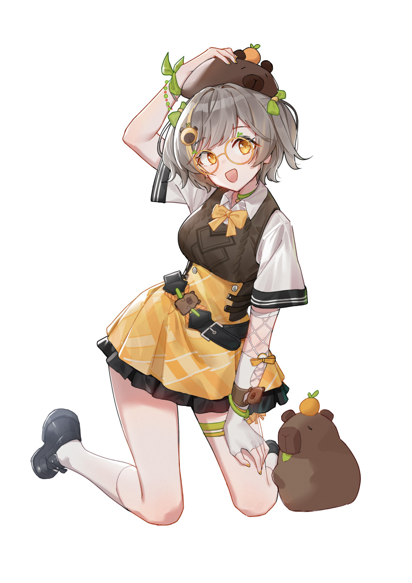 1girl absurdres airaila animal animal_on_head black_shoes bow bowtie capybara collared_shirt commentary fingerless_gloves food fruit glasses gloves grey_hair high-waist_skirt highres kneehighs looking_at_viewer maddelena_(strinova) mandarin_orange miniskirt on_head open_mouth orange-framed_eyewear orange_bow orange_bowtie orange_eyes orange_skirt round_eyewear shirt shoes short_hair short_sleeves simple_background skirt smile socks solo strinova white_background white_gloves white_shirt white_socks