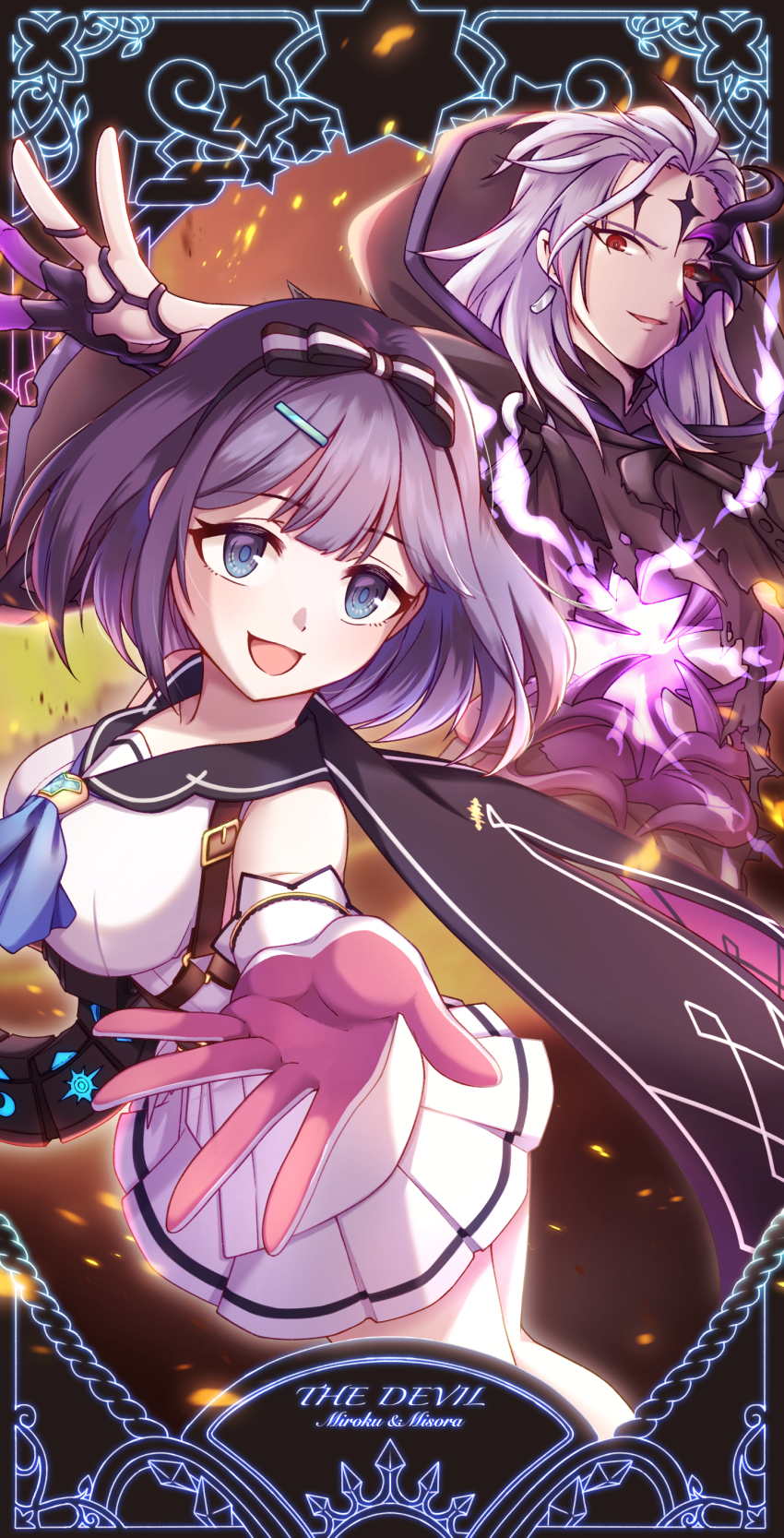 1boy 1girl absurdres altheavin ascot black_hairband blue_ascot bow_hairband breasts gloves hairband highres hood hoodie large_breasts medium_hair miroku_(princess_connect!) misora_(princess_connect!) princess_connect! purple_hair red_eyes skirt tarot the_devil_(tarot) white_gloves white_hair white_skirt