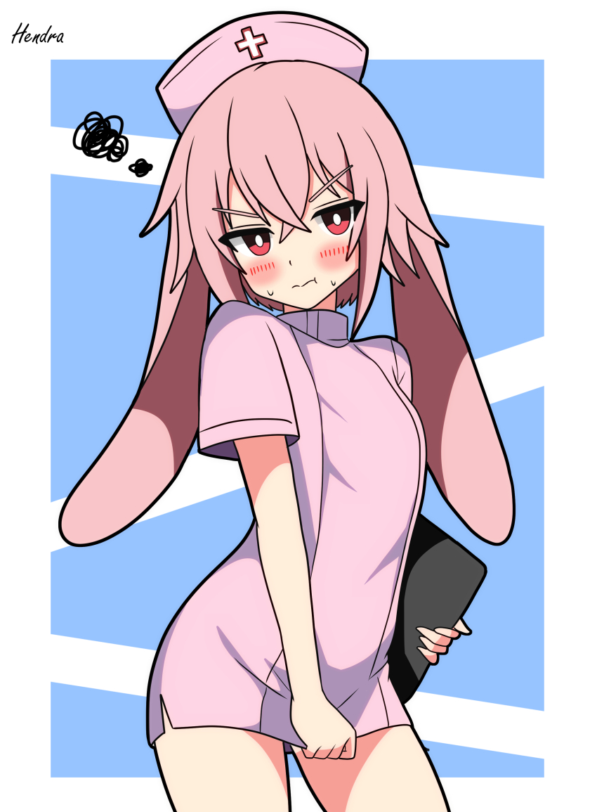 1boy absurdres animal_ears ansel_(arknights) arknights blue_background blush bright_pupils closed_mouth commentary_request crossdressing crossdressing_(mtf) dress hat hendra highres holding looking_at_viewer male_focus nurse nurse_cap pink_dress pink_hair rabbit_boy rabbit_ears red_eyes short_dress short_hair short_sleeves simple_background solo v-shaped_eyebrows white_pupils