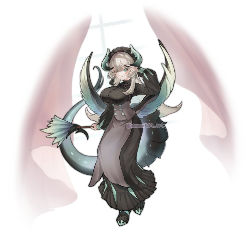 1girl absurdres blush breasts broom chamber_dragonmaid closed_mouth dragon_girl dragon_tail dragon_wings duel_monster feathered_wings feathers full_body green_eyes highres holding holding_broom horns large_breasts long_hair long_sleeves looking_at_viewer maid maid_headdress senada37 simple_background smile solo tail twitter_username white_hair wings yu-gi-oh!