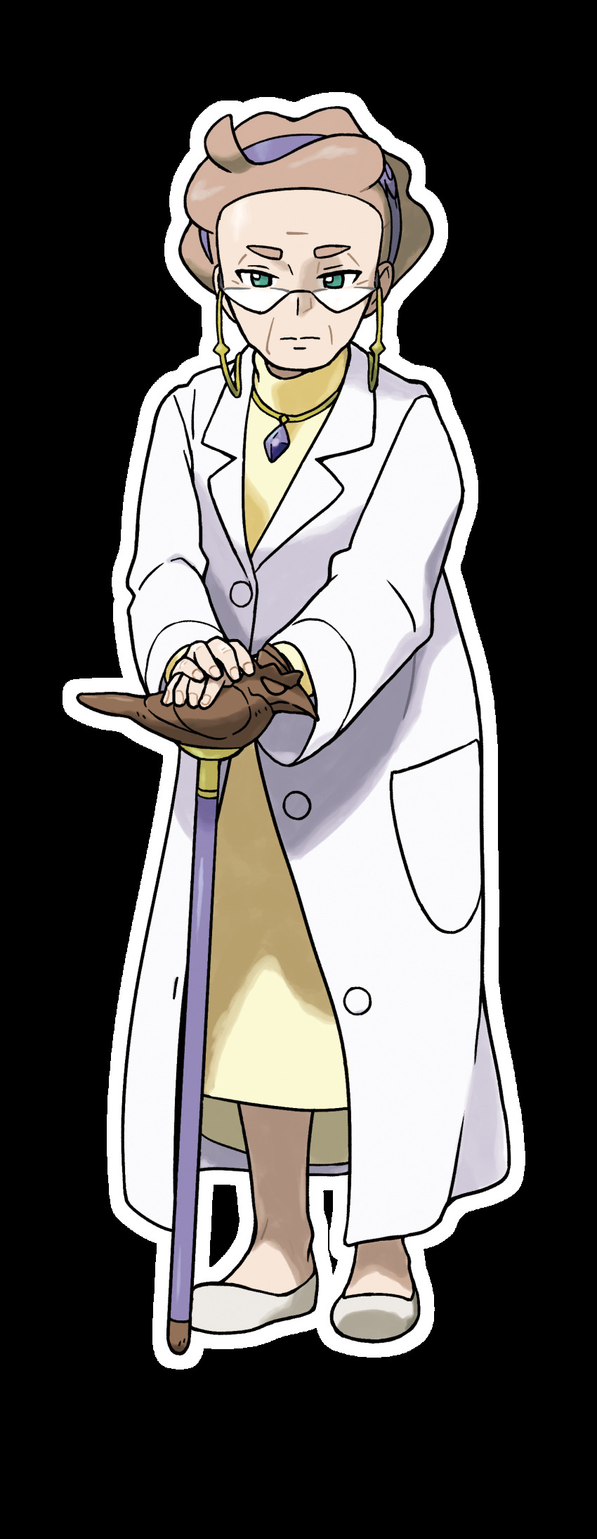 1girl absurdres artist_request brown_hair cane closed_mouth coat dress earrings female_focus forehead full_body game_freak glasses green_eyes hairband highres jewelry lab_coat long_sleeves looking_at_viewer magnolia_(pokemon) necklace nintendo official_art outline own_hands_together pokemon pokemon_swsh purple_hairband shoes short_hair simple_background solo standing transparent_background white_coat white_outline white_shoes yellow_dress
