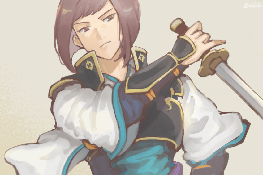 1boy armor blunt_bangs brown_eyes brown_hair eifilet facing_viewer fire_emblem fire_emblem_fates hisame_(fire_emblem) holding holding_sword holding_weapon japanese_armor katana looking_to_the_side male_focus medium_hair nintendo samurai solo sword weapon