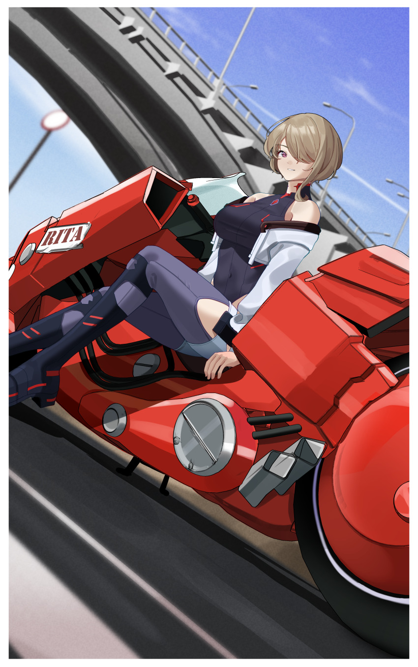 1girl absurdres bare_shoulders blue_sky boots border breasts brown_hair closed_mouth cloud cloudy_sky cosplay cyberpunk_(series) cyberpunk_edgerunners haerge hair_over_one_eye highres highway honkai_(series) honkai_impact_3rd jacket large_breasts leotard looking_at_viewer lucy_(cyberpunk) lucy_(cyberpunk)_(cosplay) motor_vehicle motorcycle open_clothes open_jacket outdoors pants purple_boots purple_eyes purple_leotard purple_pants rita_rossweisse short_hair sitting sky solo white_border white_jacket