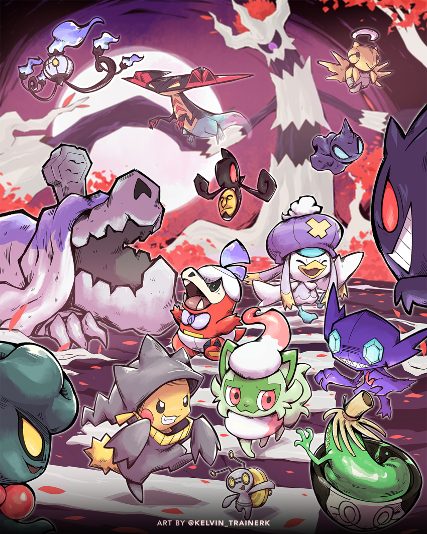 :d bright_pupils chandelure closed_eyes closed_mouth commentary dragapult fangs fuecoco gen_1_pokemon gen_2_pokemon gen_3_pokemon gen_5_pokemon gen_6_pokemon gen_8_pokemon gengar gimmighoul gimmighoul_(roaming) grin halloween highres houndstone kelvin-trainerk misdreavus nintendo no_humans open_mouth pikachu pink_eyes pokemon pokemon_(creature) quaxly shedinja shuppet sinistcha smile sprigatito standing teeth trevenant twitter_username walking white_pupils yamask