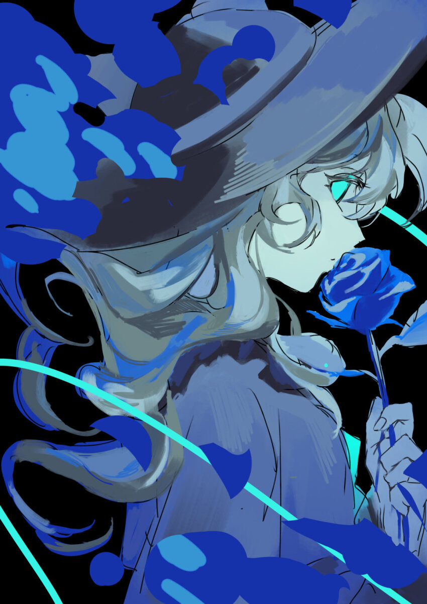 1girl ama_asagi black_background blouse blue_eyes blue_flower blue_rose blue_theme bow closed_mouth commentary_request flower frilled_shirt_collar frills from_side green_hair hat hat_bow highres holding holding_flower komeiji_koishi looking_at_viewer looking_to_the_side medium_hair one-hour_drawing_challenge profile rose shirt sideways_glance sideways_mouth sketch solo touhou upper_body