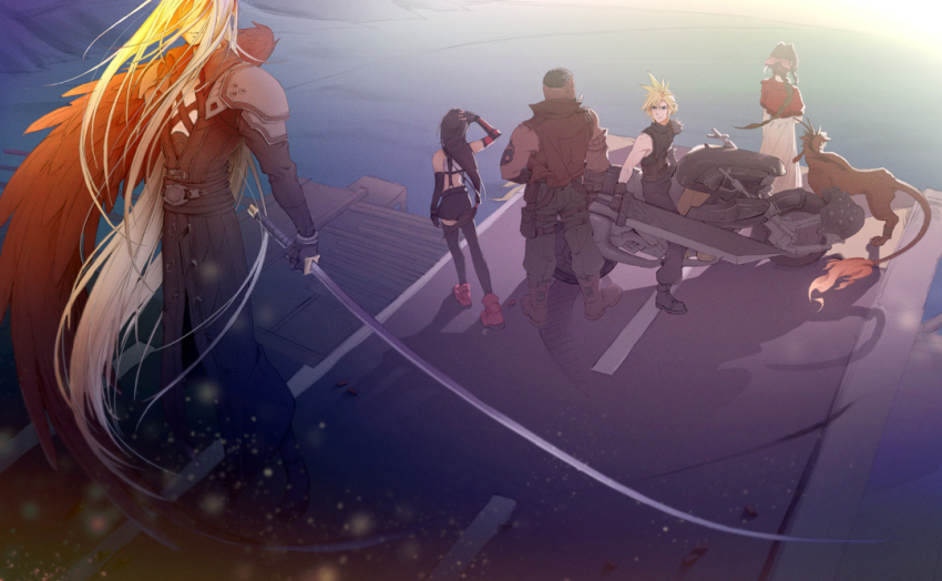 2girls 3boys aerith_gainsborough animal_ears armor barret_wallace black_gloves black_hair black_jacket black_skirt black_thighhighs black_wings blonde_hair braid braided_ponytail brown_hair brown_vest buster_sword cloud_strife cropped_jacket dress elbow_gloves enjoutoru facing_away feathered_wings final_fantasy final_fantasy_vii final_fantasy_vii_remake flame-tipped_tail gloves green_pants grey_hair hand_in_own_hair holding holding_sword holding_weapon jacket katana long_bangs long_hair long_jacket looking_afar looking_at_another looking_back low-tied_long_hair masamune_(ff7) midriff motor_vehicle motorcycle multiple_boys multiple_girls on_motorcycle orange_fur outdoors pants pink_dress red_jacket red_xiii sephiroth short_hair shoulder_armor single_wing skirt sleeveless sleeveless_turtleneck spiked_hair square_enix standing sword thighhighs tifa_lockhart turtleneck vest weapon wings