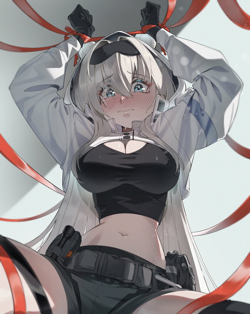 1girl absurdres animal_ears arknights arms_up aurora_(arknights) bear_ears bear_girl black_gloves black_shirt blue_eyes blush breasts cleavage commentary_request crop_top dalgogi_(moonfish_1302) gloves hair_intakes highres hood hood_up hooded_jacket jacket korean_commentary large_breasts long_sleeves looking_at_viewer midriff navel red_ribbon restrained ribbon scared shirt solo white_hair white_jacket