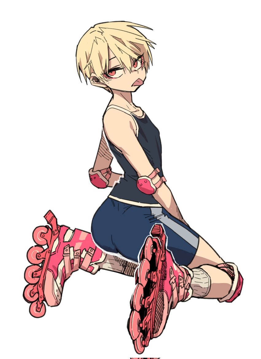 1boy :p androgynous ass bishounen blonde_hair elbow_pads eyeliner from_behind high_school_boy highres hong_iltak inline_skates korean_commentary looking_back makeup male_focus parkgee red_eyeliner red_eyes roller_skates sanpaku short_hair shorts simple_background skates socks solo tank_top tongue tongue_out trap white_background
