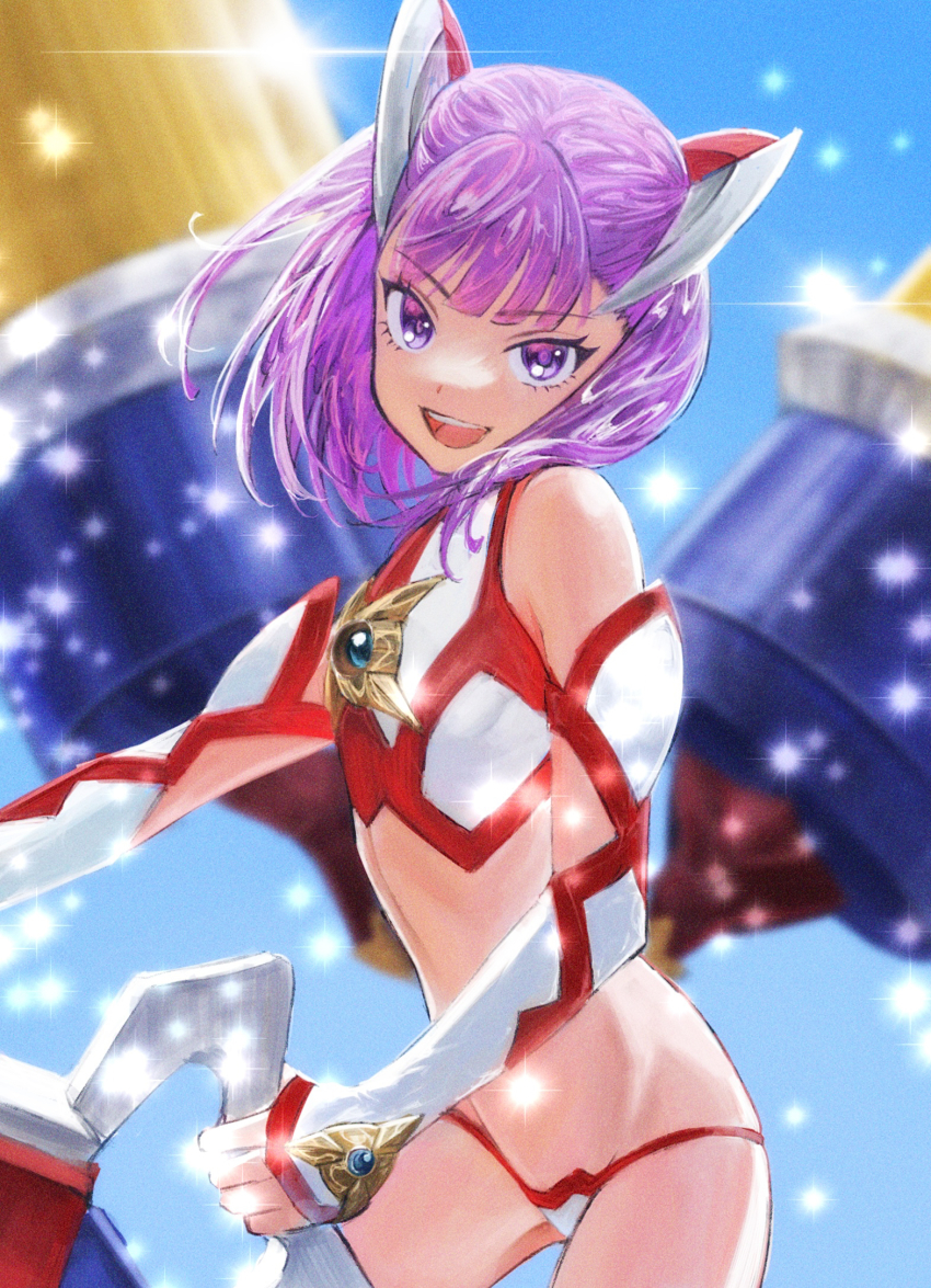 1girl blue_sky commentary detached_sleeves edaori fate/grand_order fate_(series) flat_chest headgear helena_blavatsky_(fate) helena_blavatsky_(swimsuit_archer)_(second_ascension)_(fate) highres looking_at_viewer open_mouth purple_eyes purple_hair short_hair sky smile solo water_drop