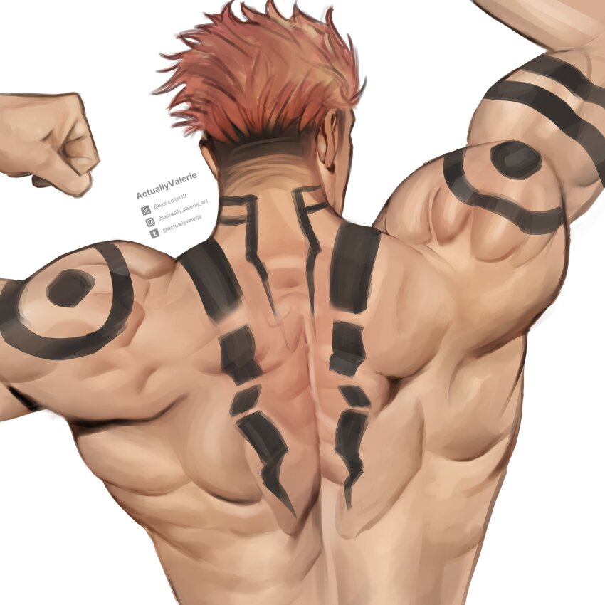 1boy absurdres back back_tattoo bara brown_hair highres instagram_logo instagram_username jujutsu_kaisen male_focus marcellet19 muscular muscular_male ryoumen_sukuna_(jujutsu_kaisen) short_hair shoulder_tattoo simple_background solo tattoo tumblr_logo tumblr_username twitter_logo twitter_username undercut upper_body variant_set white_background