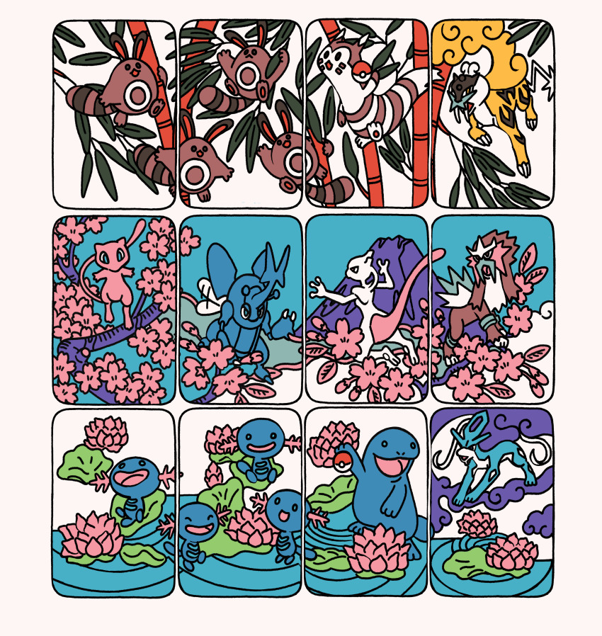 absurdres bamboo cherry_blossoms commentary day english_commentary entei flower furret gen_1_pokemon gen_2_pokemon hanafuda heracross highres holding holding_poke_ball legendary_pokemon lily_pad mew_(pokemon) mewtwo mountain mythical_pokemon nintendo no_humans outdoors poke_ball pokemon pokemon_(creature) quagsire raikou sabling sentret sky suicune wooper