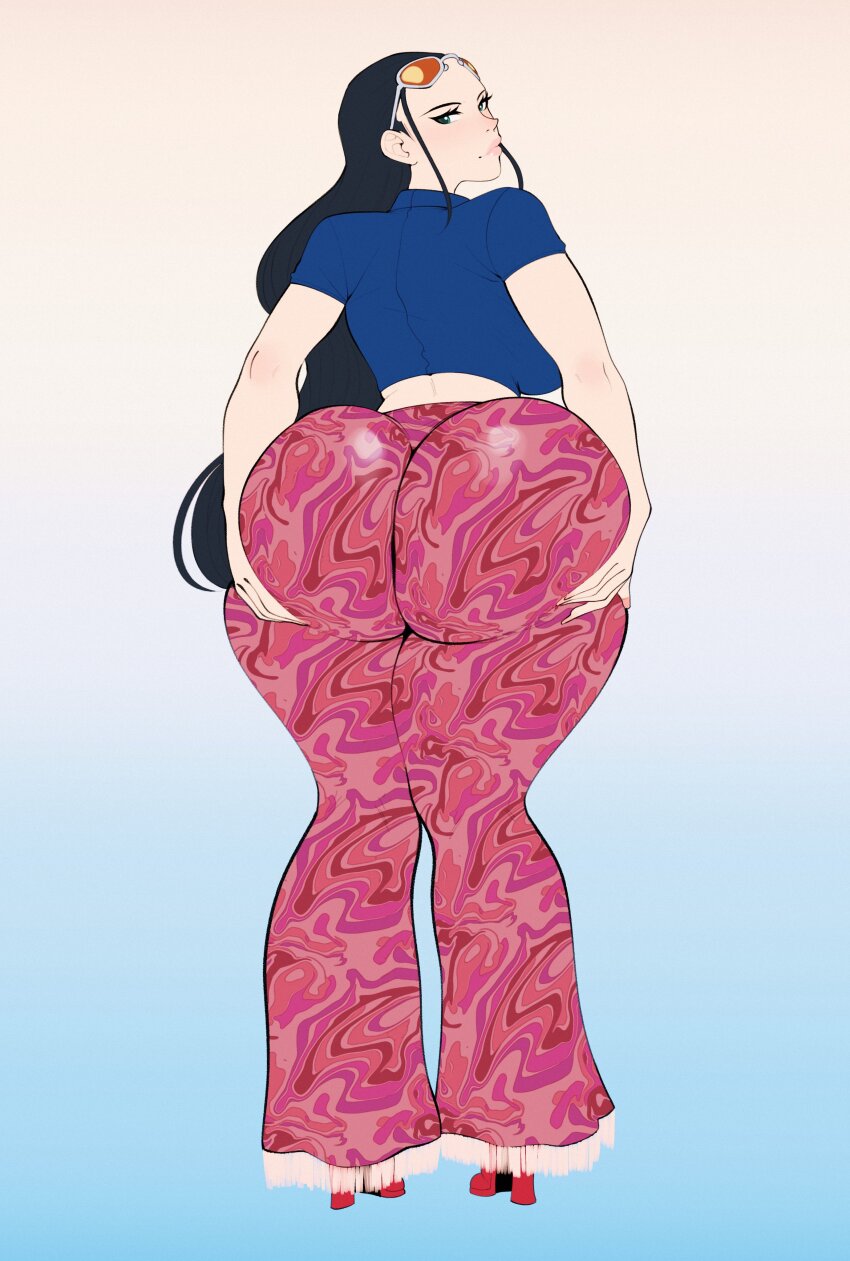 1girl absurdres alternate_legwear ass bell-bottoms black_hair breasts cropped_jacket eyewear_on_head grabbing_own_ass green_eyes high_heels highres huge_ass huge_breasts jacket lips looking_at_viewer moshimashi nico_robin nico_robin_(return_to_sabaody) one_piece pants red_shoes shoes short-sleeved_jacket short_sleeves solo sunglasses