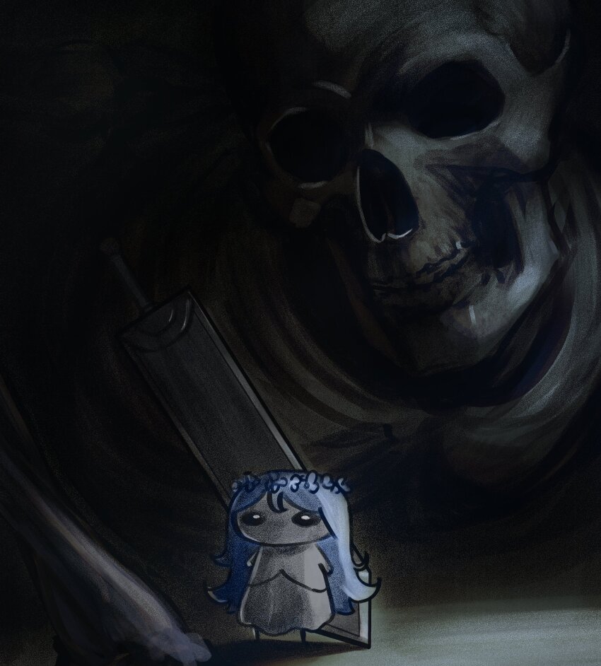 1girl absurdres black_background blue_hair chibi dress elden_ring elden_ring_nightreign flower_wreath full_body greatsword head_wreath highres huge_weapon long_hair looking_at_viewer revenant_(elden_ring) skedoodly skeleton skull sword weapon weapon_on_back white_dress