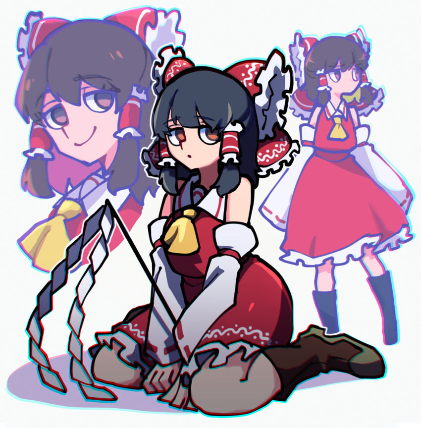 1girl ascot black_hair boots bow chromatic_aberration collared_shirt cropped_shoulders detached_sleeves expressionless frilled_bow frilled_hair_tubes frilled_skirt frills gohei green_eyes hair_between_eyes hair_bow hair_tubes hakurei_reimu highres iganashi1 japanese_clothes looking_at_viewer medium_hair multiple_views nontraditional_miko on_floor portrait red_shirt red_skirt reimu_day ribbon-trimmed_sleeves ribbon_trim seiza shirt short_hair sidelocks sitting skirt skirt_set sleeveless sleeveless_shirt smile standing touhou yellow_ascot
