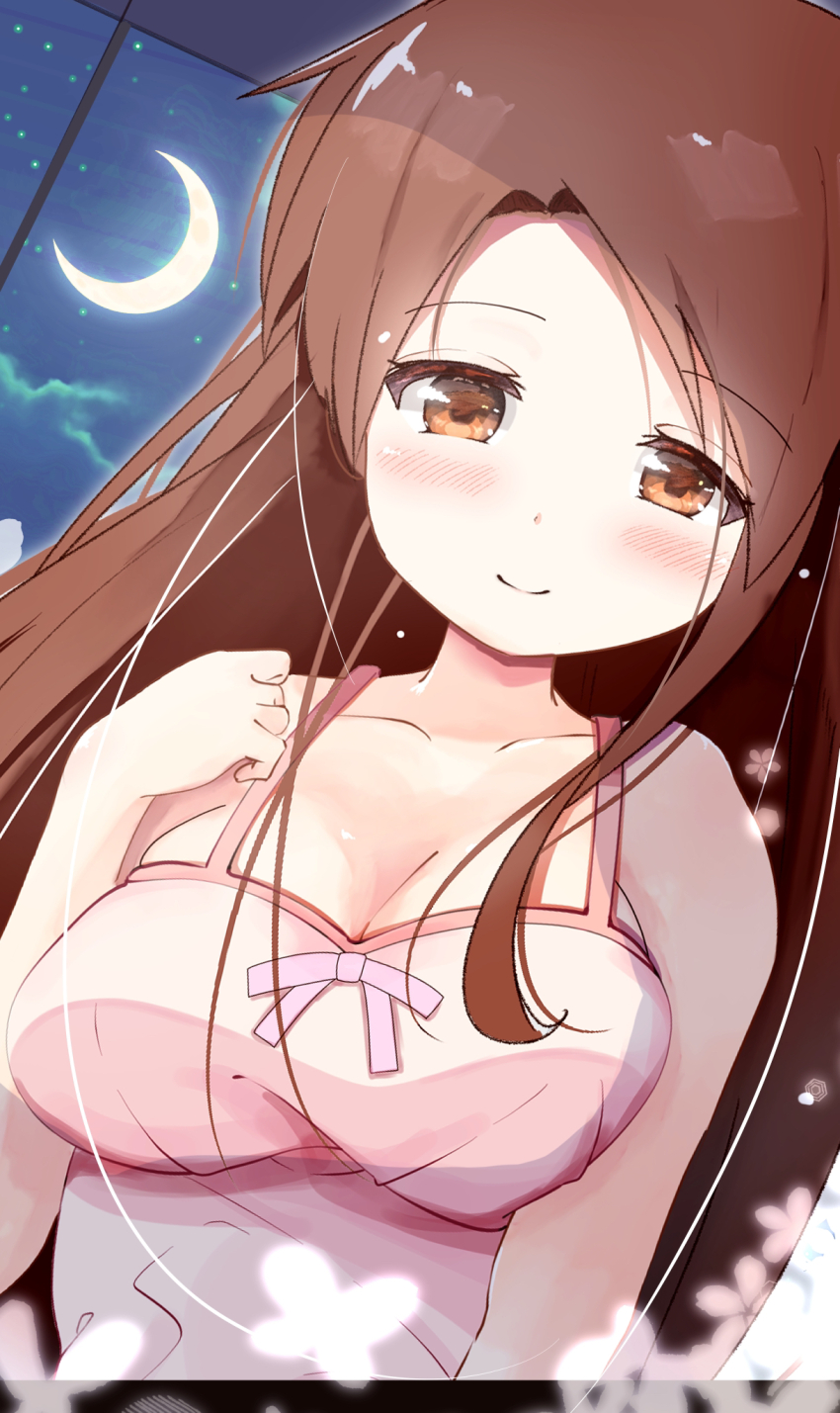 1girl bare_arms bare_shoulders blush breasts brown_eyes brown_hair cleavage collarbone crescent_moon flower_symbol highres kin-iro_mosaic long_hair looking_at_viewer matsubara_honoka medium_breasts moon night night_sky pajamas pink_pajamas sky sleeveless smile solo star_(sky) starry_sky swept_bangs upper_body wanwan_(skoji1234)