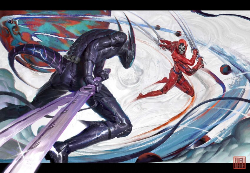 2others arched_back artist_logo attack_trail battle black_bodysuit bodysuit brush_stroke diffraction_spikes dorsiflexion extra_arms facing_another fighting_stance film_grain flying hand_up highres holding holding_sword holding_weapon horns incoming_attack leaning_forward legs_apart legs_folded letterboxed logo mask mechabare mechanical_arms multiple_others multiple_wielding orb original outside_border outstretched_arms perspective planet plantar_flexion red_bodysuit reptile_boy rifu_hata skull_mask swirl sword sword_fight tail weapon white_background wide_shot