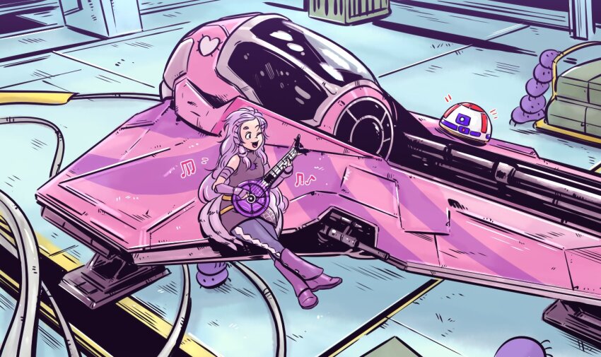 1girl amiya_aranha arthropod_limbs astromech_droid boots bucko_(amiya_aranha) bug cable commentary crossed_legs english_commentary eta-2_actis guitar heart indie_virtual_youtuber instrument jd_benefield music musical_note pants playing_instrument purple_footwear purple_hair purple_pants smile spacecraft spider star_wars starfighter vehicle_focus virtual_youtuber