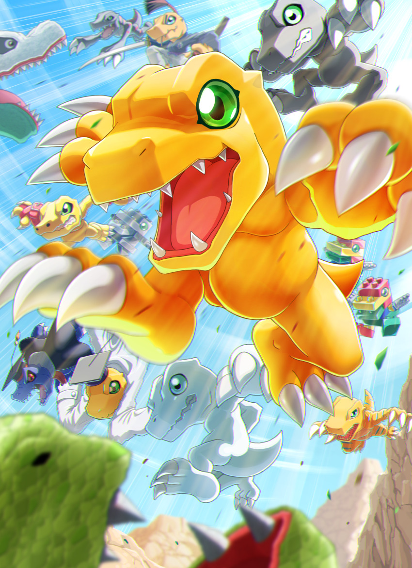 agumon agumon_(black) agumon_(black)_x-antibody agumon_(digimon_savers) agumon_hakase agumon_x-antibody airdramon blue_eyes bushiagumon claws clearagumon digimon digimon_(creature) dinosaur fangs green_eyes highres holding holding_sword holding_weapon katana kyamuu nise_agumon_hakase no_humans red_eyes reptile sword tail toyagumon tuskmon weapon yukiagumon