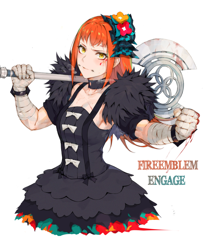 1girl armpits axe bandaged_arm bandages black_dress blood clenched_hand copyright_name dress facial_mark fire_emblem fire_emblem_engage highres holding holding_axe laserflip long_hair muscular muscular_female nintendo orange_hair over_shoulder panette_(fire_emblem) sweat weapon weapon_over_shoulder white_background yellow_eyes