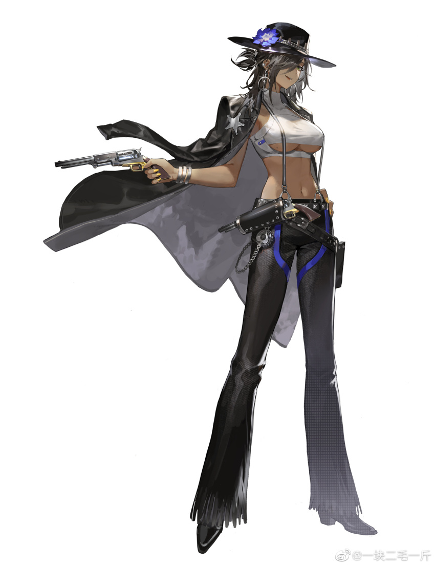 1girl bean_sprouts_(6651003) black_hair black_hat black_jacket black_pants breasts closed_mouth colt_walker colt_walker_(girls&#039;_frontline) cowboy_hat cowboy_western crop_top earrings girls&#039;_frontline green_eyes gun hair_over_one_eye handgun hat highres holding holding_gun holding_weapon holster jacket jewelry large_breasts midriff navel official_art pants revolver smile solo trigger_discipline underboob watermark weapon weibo_username weibo_watermark white_background yellow_nails