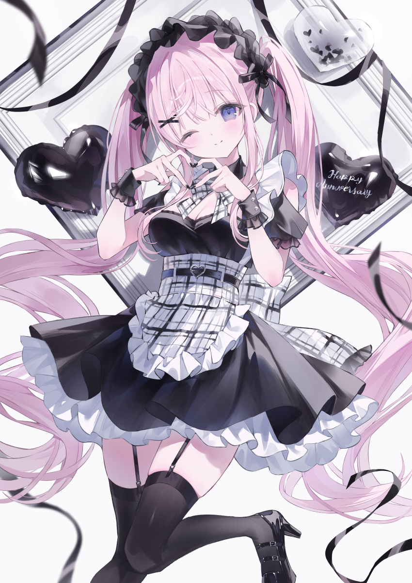 1girl four-finger_heart_hands ;) absurdres apron balloon black_dress black_footwear black_nails black_thighhighs blue_eyes breasts cleavage dress frilled_dress frills garter_straps hair_ornament heart heart_balloon heart_hands high_heels highres himeno_aimu indie_virtual_youtuber long_hair maid_apron maid_headdress medium_breasts nail_polish noah_(0noah) one_eye_closed pink_hair puffy_short_sleeves puffy_sleeves short_sleeves smile solo thighhighs very_long_hair virtual_youtuber white_apron wrist_cuffs x_hair_ornament