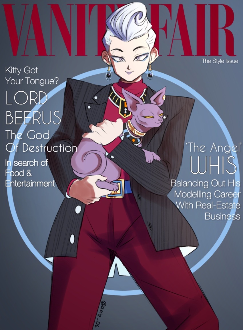 1boy amiz06 animal animalization beerus blue_hair cat colored_skin cover dragon_ball dragonball_z fake_magazine_cover formal_clothes highres holding holding_animal looking_at_viewer magazine_cover person_and_animalization purple_skin smile solo suit whis