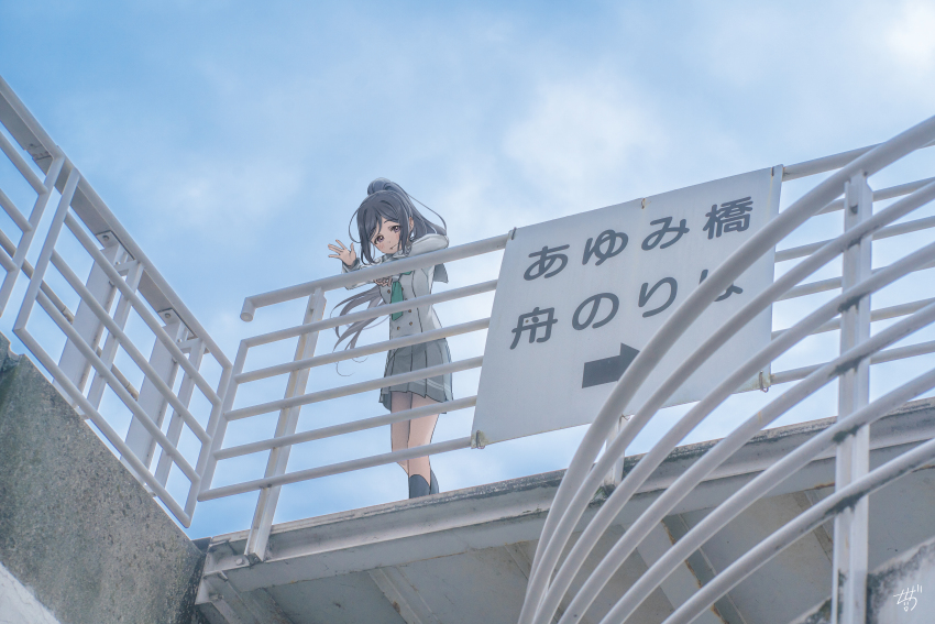 absurdres arm_up blue_hair blue_sky blush bridg buttons green_necktie highres hotechige long_hair long_sleeves love_live! love_live!_sunshine!! matsuura_kanan necktie numazu outdoors photo_background ponytail purple_eyes railing realistic sailor_collar scenery school_uniform serafuku sign skirt sky smile socks spiral_staircase stairs thighs upskirt uranohoshi_school_uniform waving winter_uniform