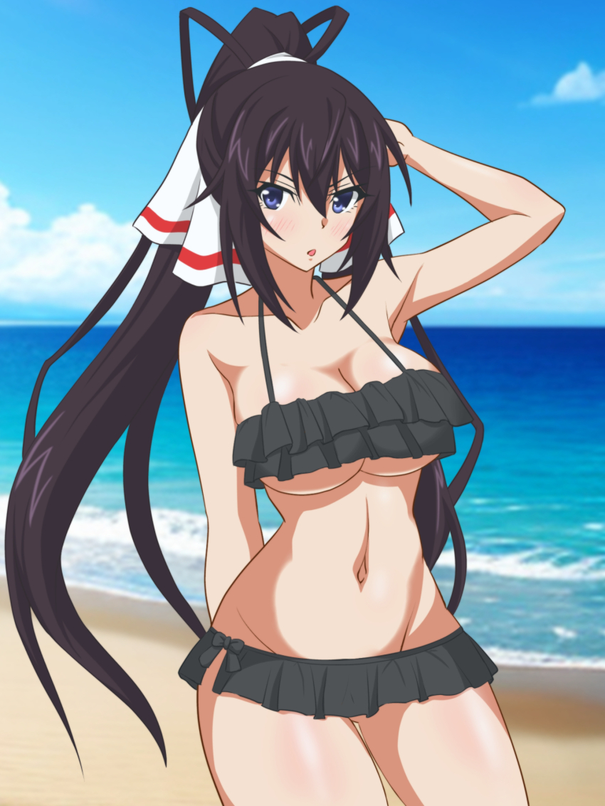 1girl beach bikini bikini_skirt black_bikini black_hair blue_eyes blue_sky breasts cloud commentary_request cowboy_shot day frilled_bikini frills hair_ribbon hata_(pixiv10403940) high_ponytail highres horizon infinite_stratos large_breasts long_hair navel ocean outdoors ponytail ribbon ruffle_bikini shinonono_houki sky solo split_ponytail swimsuit underboob