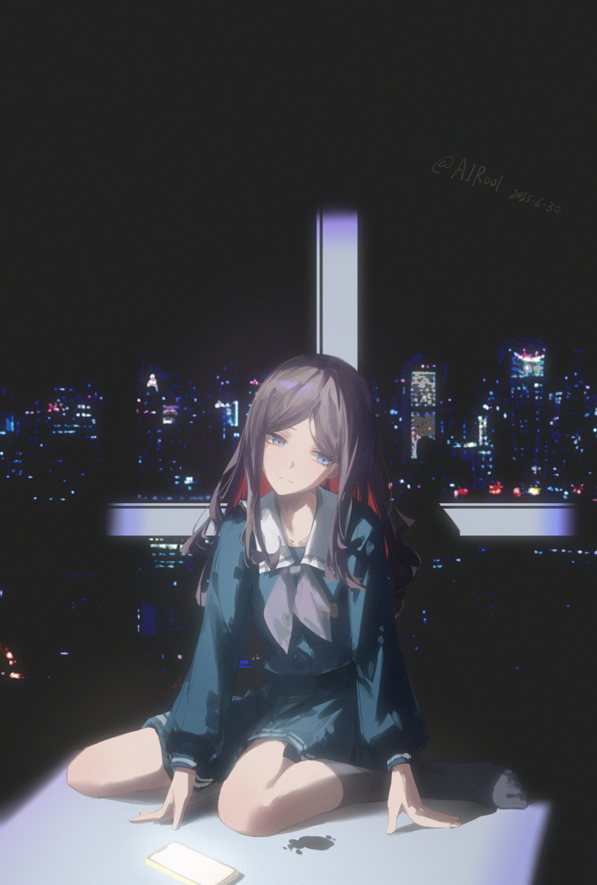1girl absurdres airool arm_support bang_dream! bang_dream!_it&#039;s_mygo!!!!! bloom blue_serafuku brown_hair cellphone chinese_commentary city_lights cityscape closed_mouth collarbone colored_inner_hair commentary commentary_request dated double_horizontal_stripe english_commentary grey_neckerchief grey_socks half-closed_eyes hand_rest head_tilt highres kneehighs light_frown long_hair long_sidelocks long_sleeves looking_to_the_side miniskirt mixed-language_commentary multicolored_hair nagasaki_soyo neckerchief negative_space night no_shoes on_floor parted_lips partial_commentary phone puffy_long_sleeves puffy_sleeves red_hair sailor_collar school_uniform serafuku shadow sidelocks sideways_glance sitting skirt smartphone socks solo spotlight stain tsukinomori_school_uniform two-tone_hair weibo_username white_sailor_collar wide_shot winter_uniform yokozuwari