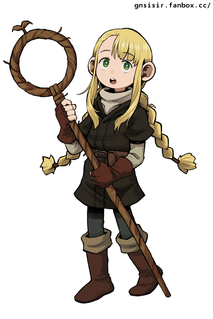 1girl absurdres ambrosia_(dungeon_meshi) belt belt_pouch black_jacket blonde_hair blue_pants boots braid brown_belt brown_boots brown_gloves dungeon_meshi fanbox_username fingerless_gloves full_body gloves gnsisir green_eyes highres holding holding_staff jacket long_hair long_sleeves marcille_donato marcille_donato_(half-foot) open_mouth pants pouch shirt sidelocks simple_background solo staff teeth twin_braids upper_teeth_only white_background white_shirt